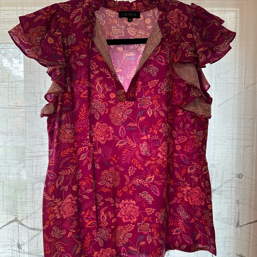 1. State Magenta Floral Ruffle Blouse